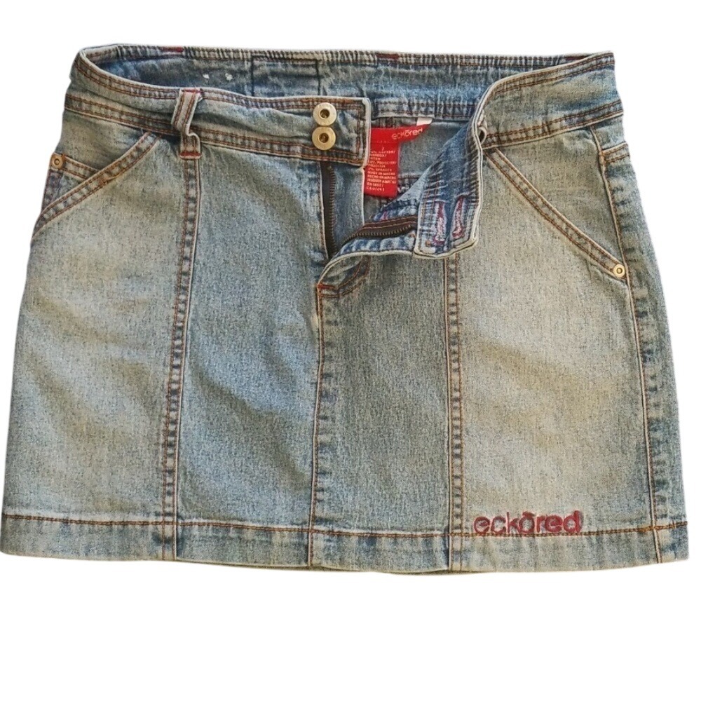Eckored Denim Mini Skirt Womens Size 7 Blue Vintage Y2K Embroidered Logo Skirt